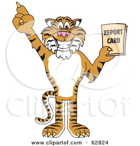 Royalty-Free (RF) Clipart Illustration of a Tiger Character School Mascot Holding a Report Card by Mascot Junction