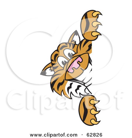 Royalty-Free (RF) Clipart Illustration of a Tiger Character School Mascot Looking Around a Sign by Mascot Junction