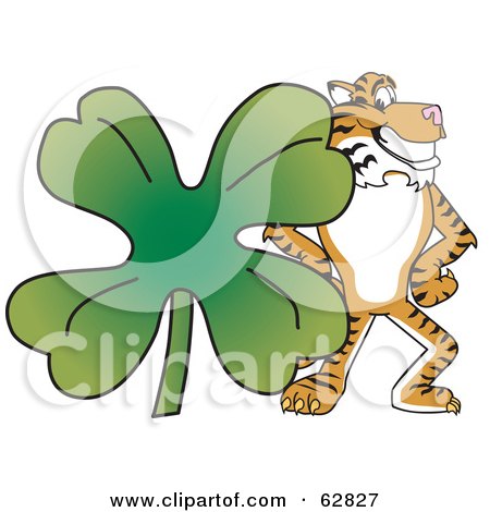 Royalty-Free (RF) Clipart Illustration of a Tiger Character School Mascot With a Clover by Mascot Junction