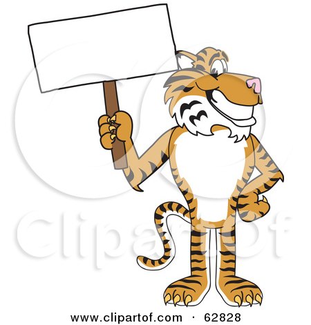 Royalty-Free (RF) Clipart Illustration of a Tiger Character School Mascot With a Blank Sign by Mascot Junction