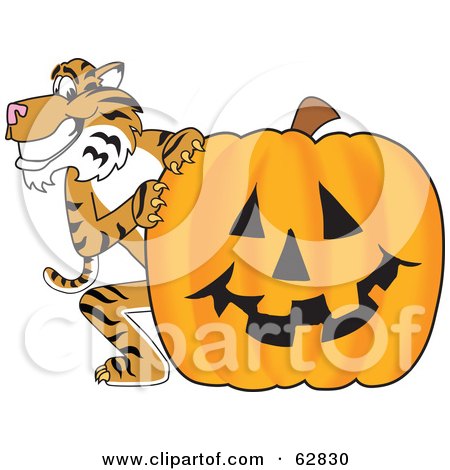 Royalty-Free (RF) Clipart Illustration of a Tiger Character School Mascot With a Halloween Pumpkin by Mascot Junction