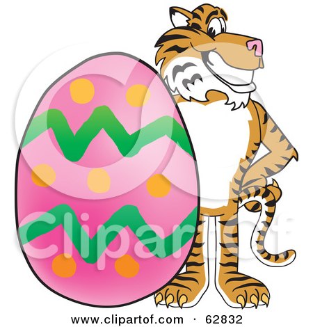 Royalty-Free (RF) Clipart Illustration of a Tiger Character School Mascot With an Easter Egg by Mascot Junction