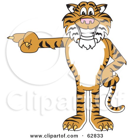 Royalty-Free (RF) Clipart Illustration of a Tiger Character School Mascot Pointing Left by Mascot Junction