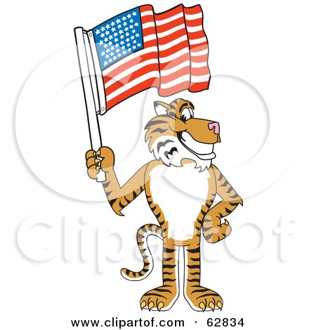 Royalty-Free (RF) Clipart Illustration of a Tiger Character School Mascot With an American Flag by Mascot Junction