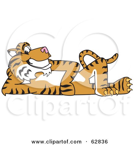 Royalty-Free (RF) Clipart Illustration of a Tiger Character School Mascot Reclined by Mascot Junction