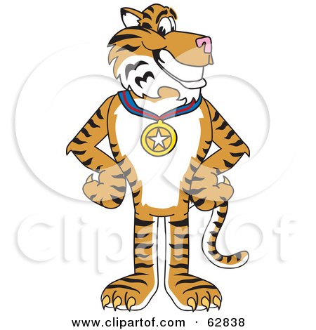 Royalty-Free (RF) Clipart Illustration of a Tiger Character School Mascot Wearing a Medal by Mascot Junction