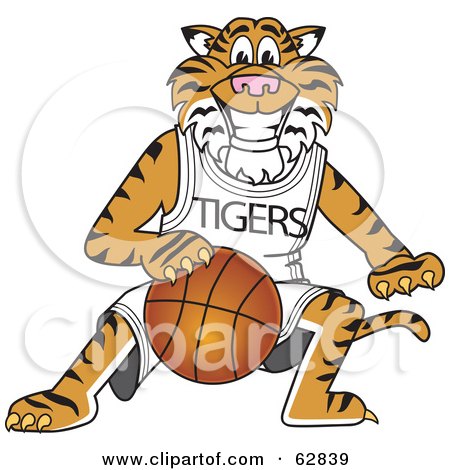 Royalty-Free (RF) Clipart Illustration of a Tiger Character School Mascot Playing Basketball by Mascot Junction