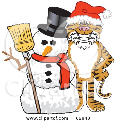 Royalty-Free (RF) Clipart Illustration of a Tiger Character School Mascot With a Snowman by Mascot Junction