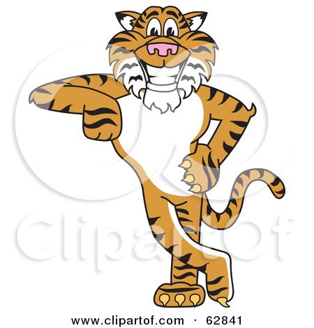 Royalty-Free (RF) Clipart Illustration of a Tiger Character School Mascot Leaning by Mascot Junction