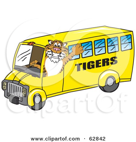 Royalty-Free (RF) Clipart Illustration of a Tiger Character School Mascot Driving a Bus by Mascot Junction