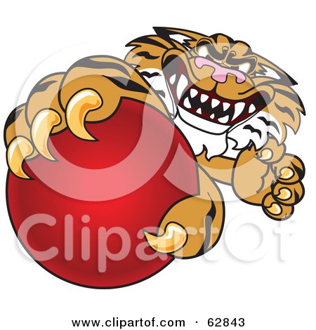 Royalty-Free (RF) Clipart Illustration of a Tiger Character School Mascot Grabbing a Red Ball by Mascot Junction