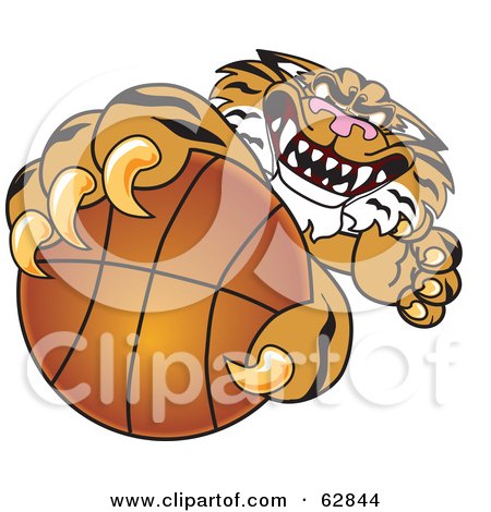 Royalty-Free (RF) Clipart Illustration of a Tiger Character School Mascot Grabbing a Basketball by Mascot Junction