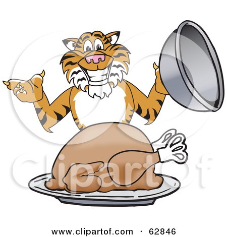 Royalty-Free (RF) Clipart Illustration of a Tiger Character School Mascot Serving a Thanksgiving Turkey by Mascot Junction