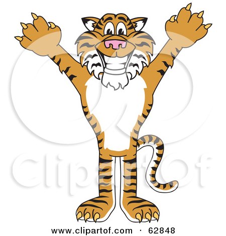 Royalty-Free (RF) Clipart Illustration of a Tiger Character School Mascot Holding His Arms Up by Mascot Junction