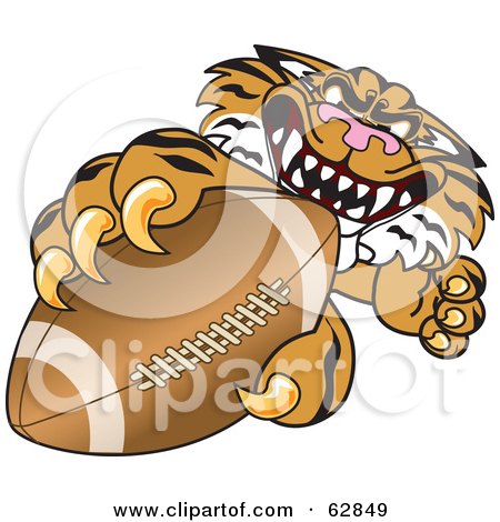 Royalty-Free (RF) Clipart Illustration of a Tiger Character School Mascot Grabbing a Football by Mascot Junction