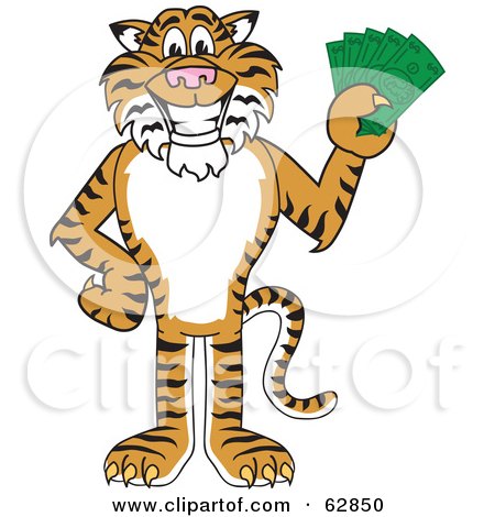 Royalty-Free (RF) Clipart Illustration of a Tiger Character School Mascot Holding Cash by Mascot Junction