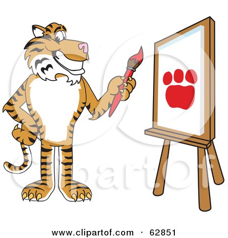Royalty-Free (RF) Clipart Illustration of a Tiger Character School Mascot Painting a Canvas by Mascot Junction