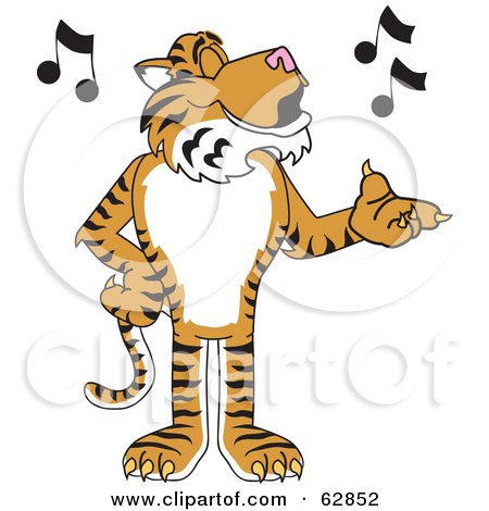 Royalty-Free (RF) Clipart Illustration of a Tiger Character School Mascot Singing by Mascot Junction