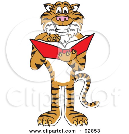 Royalty-Free (RF) Clipart Illustration of a Tiger Character School Mascot Reading by Mascot Junction
