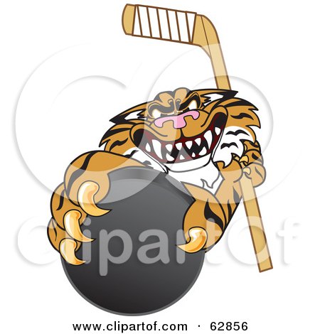 Royalty-Free (RF) Clipart Illustration of a Tiger Character School Mascot Grabbing a Hockey Puck by Mascot Junction