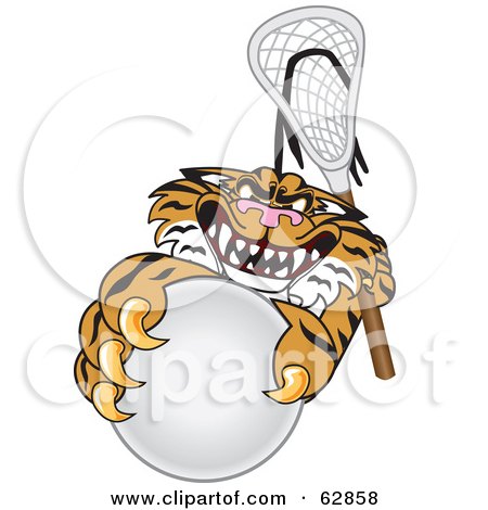Royalty-Free (RF) Clipart Illustration of a Tiger Character School Mascot Playing Lacrosse by Mascot Junction