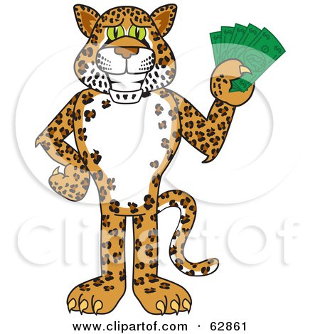 Royalty-Free (RF) Clipart Illustration of a Cheetah, Jaguar or Leopard Character School Mascot Holding Money by Mascot Junction