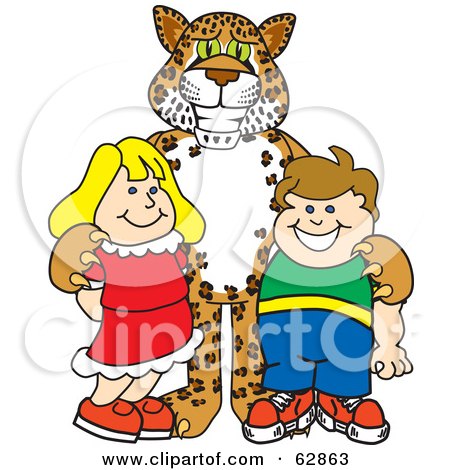 Royalty-Free (RF) Clipart Illustration of a Cheetah, Jaguar or Leopard Character School Mascot With School Children by Mascot Junction