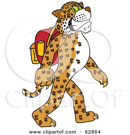 Royalty-Free (RF) Clipart Illustration of a Cheetah, Jaguar or Leopard Character School Mascot Walking and Wearing a Backpack by Mascot Junction