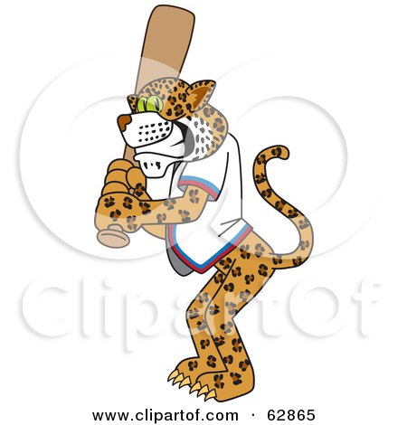 Royalty-Free (RF) Clipart Illustration of a Cheetah, Jaguar or Leopard Character School Mascot Batting by Mascot Junction