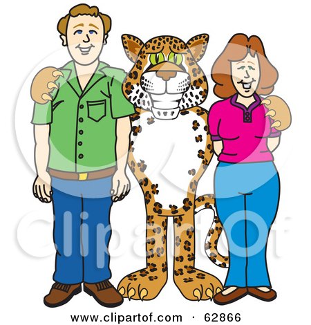 Royalty-Free (RF) Clipart Illustration of a Cheetah, Jaguar or Leopard Character School Mascot With Teachers Or Parents by Mascot Junction
