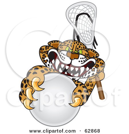 Royalty-Free (RF) Clipart Illustration of a Cheetah, Jaguar or Leopard Character School Mascot Playing Lacrosse by Mascot Junction