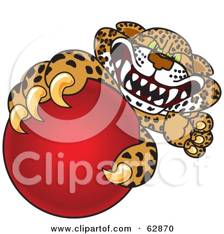 Royalty-Free (RF) Clipart Illustration of a Cheetah, Jaguar or Leopard Character School Mascot Grabbing a Red Ball by Mascot Junction
