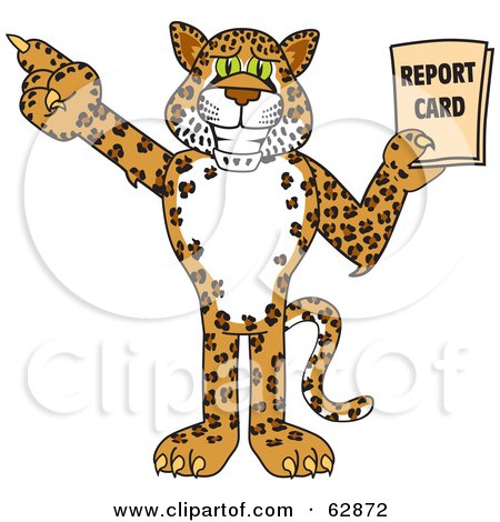 Royalty-Free (RF) Clipart Illustration of a Cheetah, Jaguar or Leopard Character School Mascot Holding a Report Card by Mascot Junction