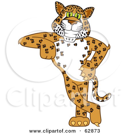 Royalty-Free (RF) Clipart Illustration of a Cheetah, Jaguar or Leopard Character School Mascot Leaning by Mascot Junction