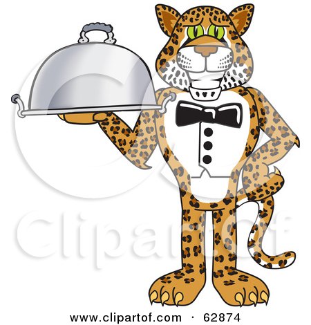 Royalty-Free (RF) Clipart Illustration of a Cheetah, Jaguar or Leopard Character School Mascot Serving a Platter by Mascot Junction