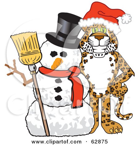 Royalty-Free (RF) Clipart Illustration of a Cheetah, Jaguar or Leopard Character School Mascot With A Snowman by Mascot Junction