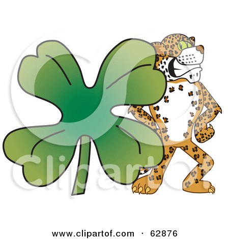 Royalty-Free (RF) Clipart Illustration of a Cheetah, Jaguar or Leopard Character School Mascot With A Clover by Mascot Junction