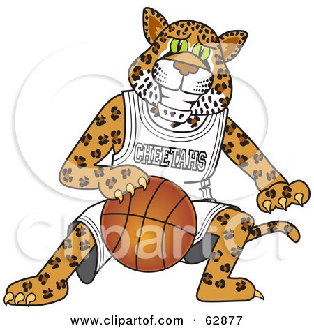 Royalty-Free (RF) Clipart Illustration of a Cheetah Character School Mascot Playing Basketball by Mascot Junction
