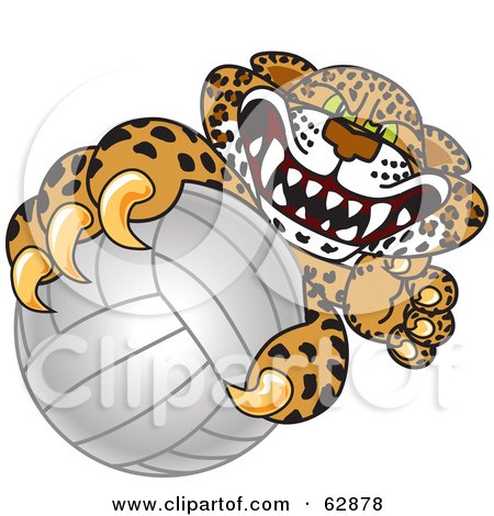 Royalty-Free (RF) Clipart Illustration of a Cheetah, Jaguar or Leopard Character School Mascot Grabbing a Volleyball by Mascot Junction