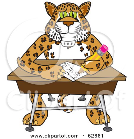 Royalty-Free (RF) Clipart Illustration of a Cheetah, Jaguar or Leopard Character School Mascot Writing in Class by Mascot Junction