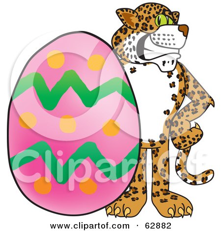 Royalty-Free (RF) Clipart Illustration of a Cheetah, Jaguar or Leopard Character School Mascot With An Easter Egg by Mascot Junction