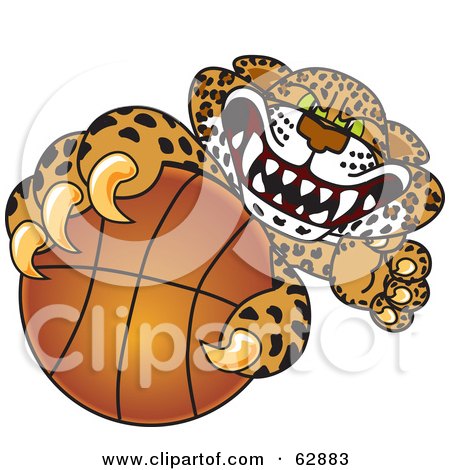 Royalty-Free (RF) Clipart Illustration of a Cheetah, Jaguar or Leopard Character School Mascot Grabbing a Basketball by Mascot Junction