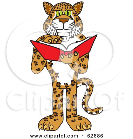 Royalty-Free (RF) Clipart Illustration of a Cheetah, Jaguar or Leopard Character School Mascot Reading by Mascot Junction