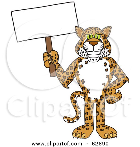 Royalty-Free (RF) Clipart Illustration of a Cheetah, Jaguar or Leopard Character School Mascot Holding a Blank Sign by Mascot Junction