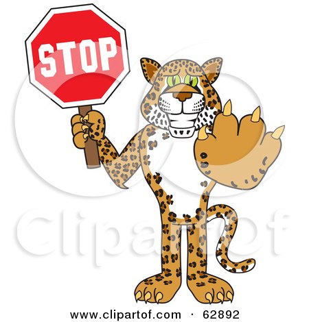 Royalty-Free (RF) Clipart Illustration of a Cheetah, Jaguar or Leopard Character School Mascot Holding a Stop Sign by Mascot Junction