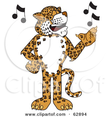 Royalty-Free (RF) Clipart Illustration of a Cheetah, Jaguar or Leopard Character School Mascot Singing by Mascot Junction