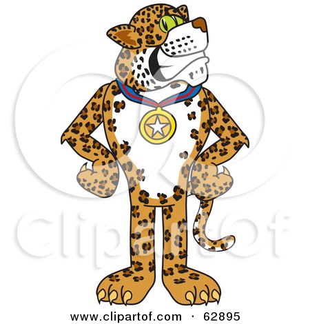 Royalty-Free (RF) Clipart Illustration of a Cheetah, Jaguar or Leopard Character School Mascot Wearing a Medal by Mascot Junction