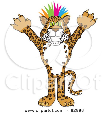 Royalty-Free (RF) Clipart Illustration of a Cheetah, Jaguar or Leopard Character School Mascot With Colorful Hair by Mascot Junction