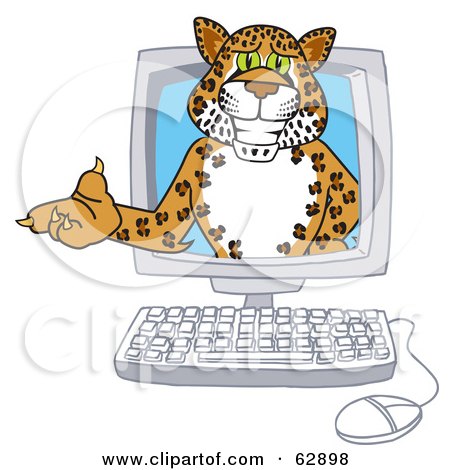 Royalty-Free (RF) Clipart Illustration of a Cheetah, Jaguar or Leopard Character School Mascot in a Computer by Mascot Junction