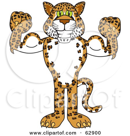 Royalty-Free (RF) Clipart Illustration of a Cheetah, Jaguar or Leopard Character School Mascot Flexing by Mascot Junction